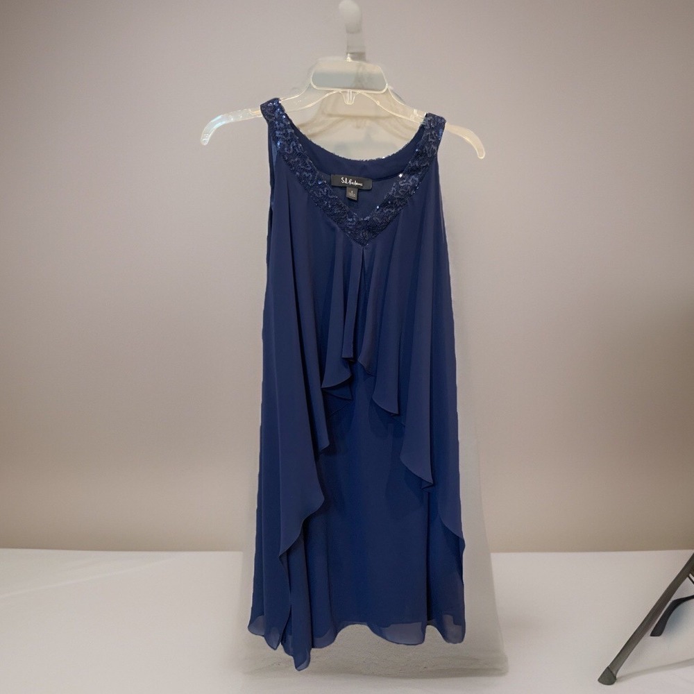 NEW Chiffon Overlay Sleeveless Sequins V Neck Navy Blue Dress S.L. Fashions Sz 8